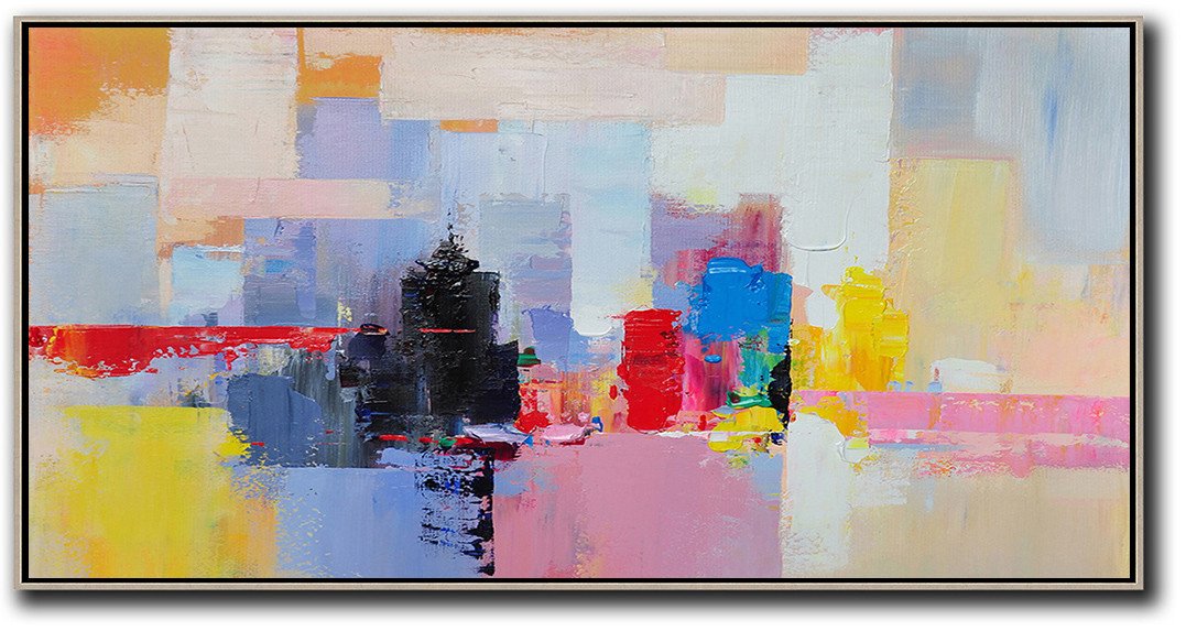 Large Abstract Painting Canvas Art,Horizontal Palette Knife Contemporary Art Panoramic Canvas Painting,Oversized Art,Black,Pink,Yellow,Red,Blue.etc